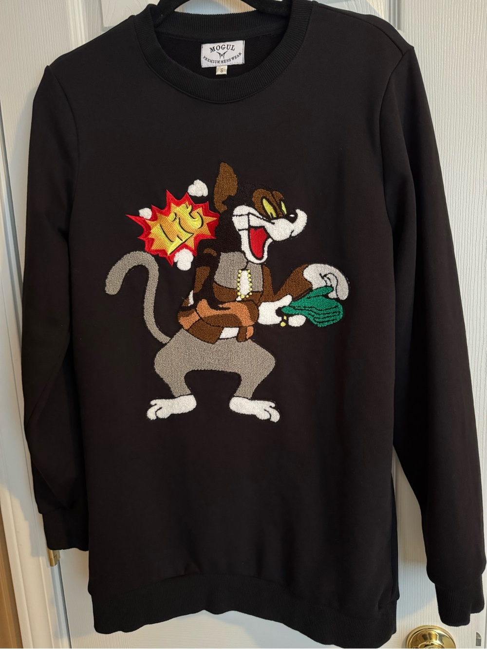 Mogul Black Crewneck Sweater with Embroidered Cartoon Graphic